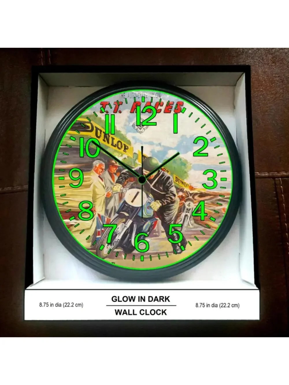 Dunlop Motorcycle Racing Glow In The Dark Wall Clock New!